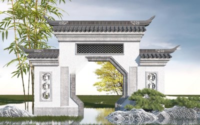 中式园林景观大门3D模型下载